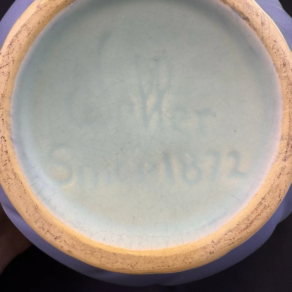 Vintage WELLER Vase Signed Since 1872 Pottery Blue Green Glaze‎ Handles